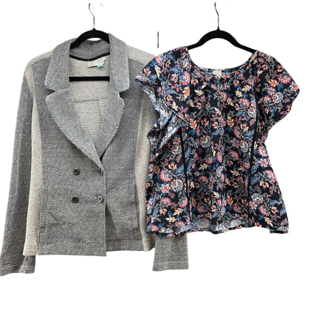 Saturday Sunday Roan Ryan Blazer Blouse Womens XL Gray Floral Lot 2 Piece Set